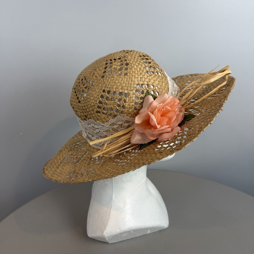 Women's Straw Sun Hat Wide Brim Lace Coral Rose Raffia Boho 15" Diameter Vtg